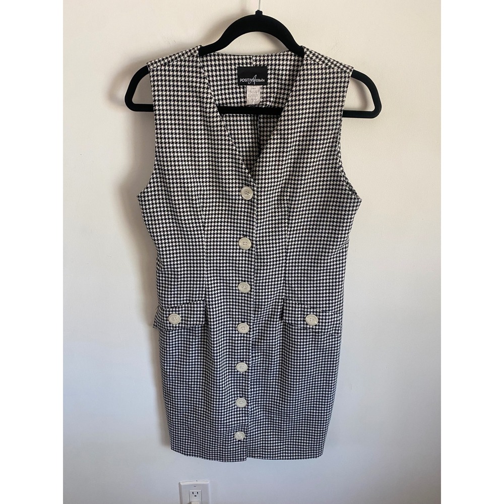 Positive Attitude Vintage Houndstooth Jumper Dress Black White Button Front 10